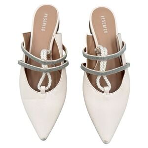 Peserico White Pointed Toe Slip-On Flats with Silver Straps Brunelli Cuccinelli